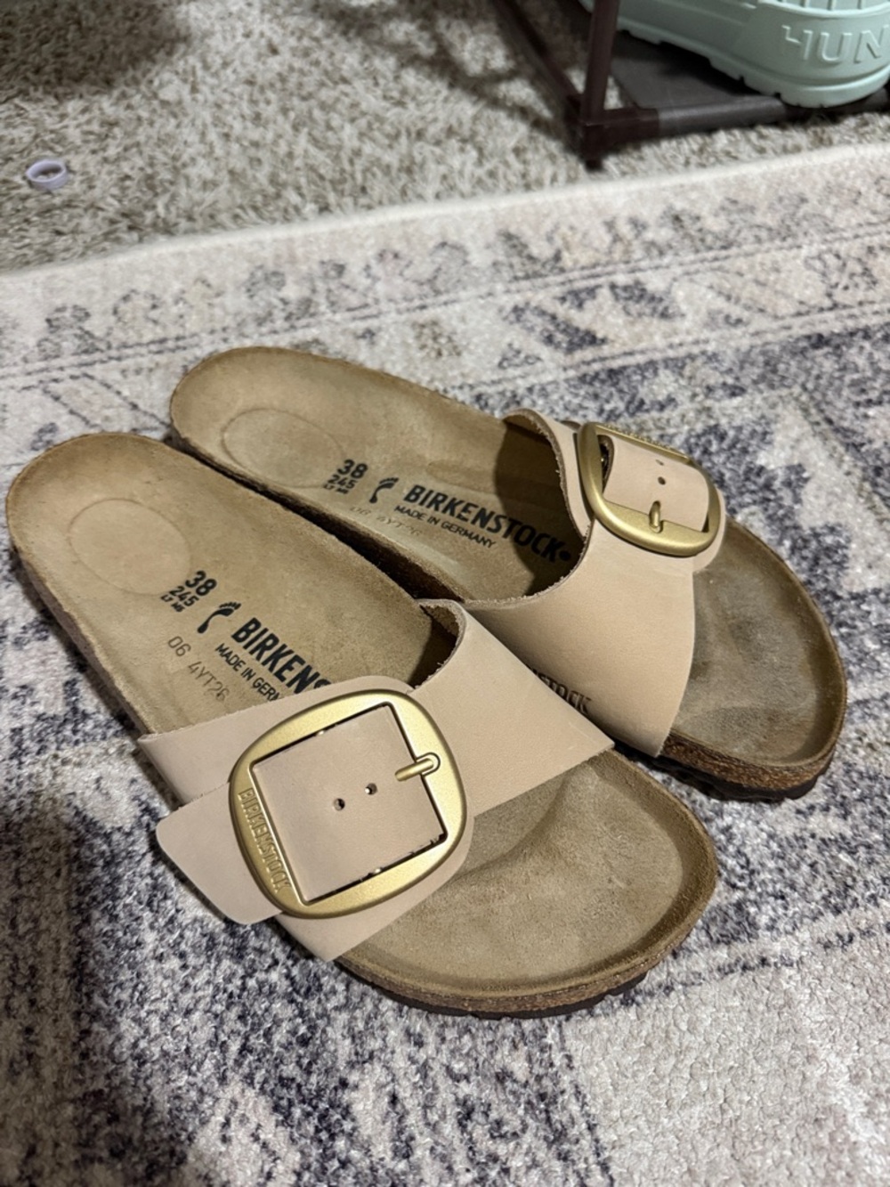 Birkenstock Women’s Madrid Soft Footbed Sandals in Beige with Gold Buckles